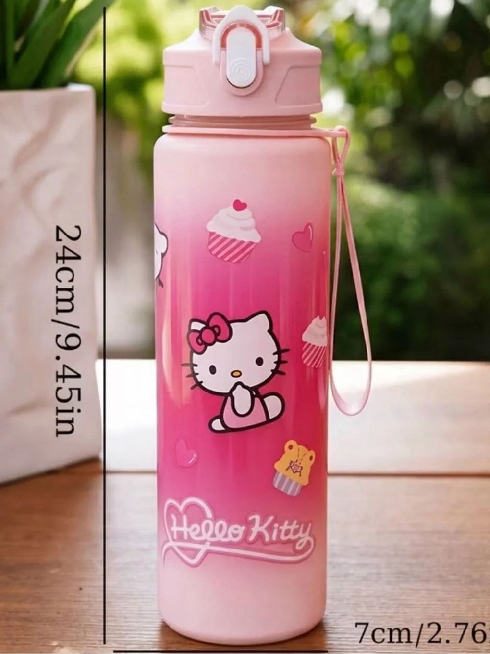 Hello Kitty Pink Gradient Kids Water Bottle with Straw Lid and Carry Strap